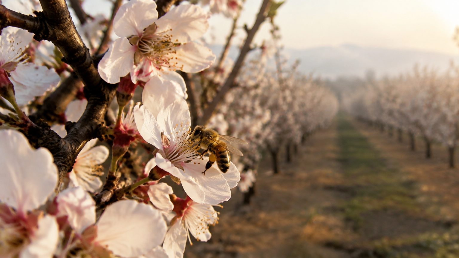 A honey bee foraging on an orchard blossom
